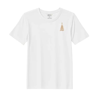 BYFT Threads Medium White Polycotton T-Shirt - Christmas "Zigzag Christmas Tree" Embroidered Design, Premium Holiday Collection