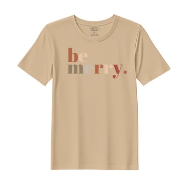 BYFT Threads XL Beige Polycotton T-Shirt - Christmas "Be merry" Printed Design, Premium Holiday Collection