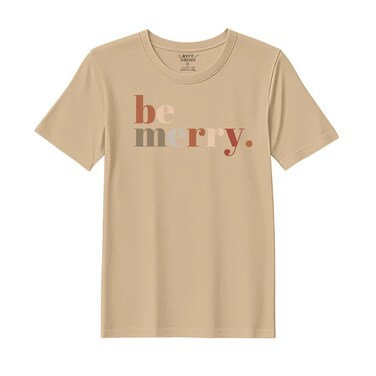 BYFT Threads XXL Beige Polycotton T-Shirt - Christmas "Be merry" Printed Design, Premium Holiday Collection
