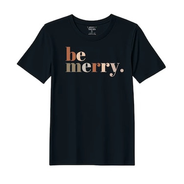 BYFT Threads XL Black Polycotton T-Shirt - Christmas "Be merry" Printed Design, Premium Holiday Collection