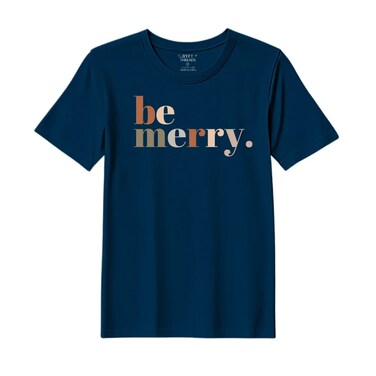 BYFT Threads Medium Navy Blue Polycotton T-Shirt - Christmas "Be merry" Printed Design, Premium Holiday Collection