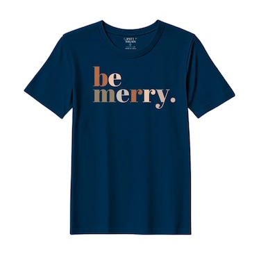 BYFT Threads XL Navy Blue Polycotton T-Shirt - Christmas "Be merry" Printed Design, Premium Holiday Collection