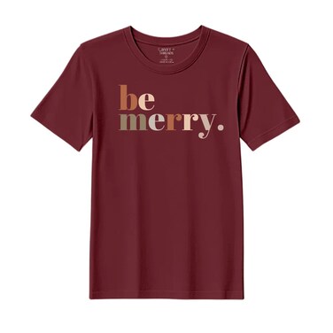 BYFT Threads Medium Pomegranate Polycotton T-Shirt - Christmas "Be merry" Printed Design, Premium Holiday Collection