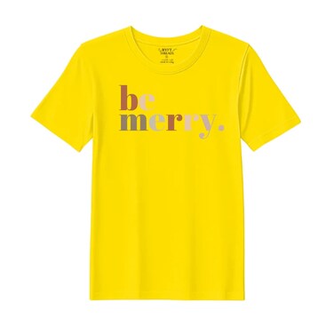 BYFT Threads Large Yellow Polycotton T-Shirt - Christmas "Be merry" Printed Design, Premium Holiday Collection