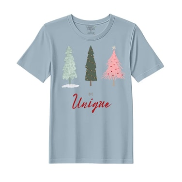 BYFT Threads Medium Baby Blue Polycotton T-Shirt - Christmas "Be Unique" Printed Design, Premium Holiday Collection