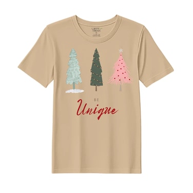 BYFT Threads Medium Beige Polycotton T-Shirt - Christmas "Be Unique" Printed Design, Premium Holiday Collection