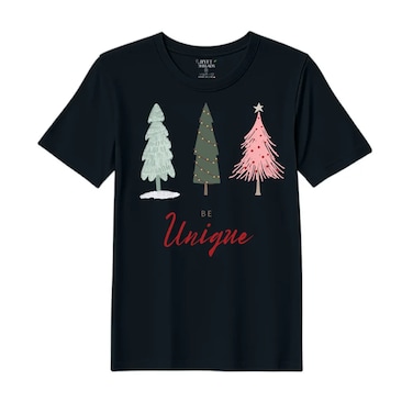 BYFT Threads Large Black Polycotton T-Shirt - Christmas "Be Unique" Printed Design, Premium Holiday Collection