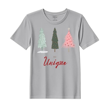 BYFT Threads Medium Grey Polycotton T-Shirt - Christmas "Be Unique" Printed Design, Premium Holiday Collection