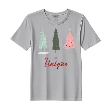 BYFT Threads XL Grey Polycotton T-Shirt - Christmas "Be Unique" Printed Design, Premium Holiday Collection