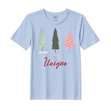 BYFT Threads Medium Sky Blue Polycotton T-Shirt - Christmas "Be Unique" Printed Design, Premium Holiday Collection