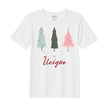 BYFT Threads Medium White Polycotton T-Shirt - Christmas "Be Unique" Printed Design, Premium Holiday Collection