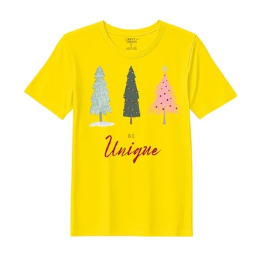 BYFT Threads Large Yellow Polycotton T-Shirt - Christmas "Be Unique" Printed Design, Premium Holiday Collection