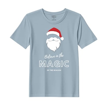 BYFT Threads Medium Baby Blue Polycotton T-Shirt - Christmas "Believe in the magic of the season" Printed Design, Premium Holiday Collection