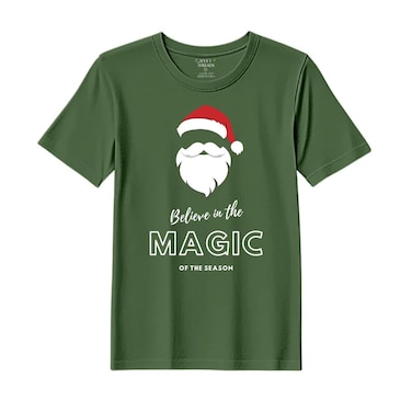 BYFT Threads Large Forest ELF Green Polycotton T-Shirt - Christmas "Believe in the magic of the season" Printed Design, Premium Holiday Collection