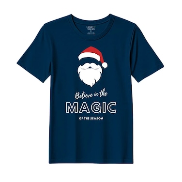 BYFT Threads XXL Navy Blue Polycotton T-Shirt - Christmas "Believe in the magic of the season" Printed Design, Premium Holiday Collection