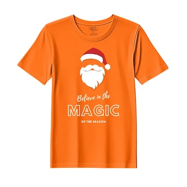 BYFT Threads Medium Orange Polycotton T-Shirt - Christmas "Believe in the magic of the season" Printed Design, Premium Holiday Collection