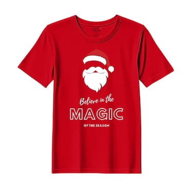 BYFT Threads XL Red Polycotton T-Shirt - Christmas "Believe in the magic of the season" Printed Design, Premium Holiday Collection
