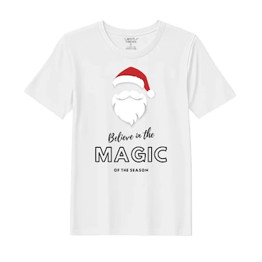 BYFT Threads Medium White Polycotton T-Shirt - Christmas "Believe in the magic of the season" Printed Design, Premium Holiday Collection