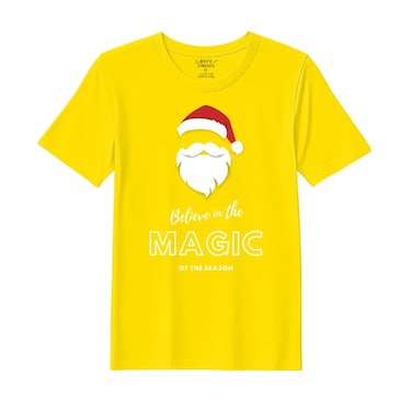 BYFT Threads Large Yellow Polycotton T-Shirt - Christmas "Believe in the magic of the season" Printed Design, Premium Holiday Collection