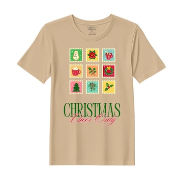 BYFT Threads XL Beige Polycotton T-Shirt - Christmas "Christmas Cheer Only" Printed Design, Premium Holiday Collection