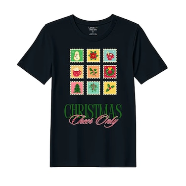 BYFT Threads Large Black Polycotton T-Shirt - Christmas "Christmas Cheer Only" Printed Design, Premium Holiday Collection