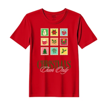 BYFT Threads Medium Red Polycotton T-Shirt - Christmas "Christmas Cheer Only" Printed Design, Premium Holiday Collection