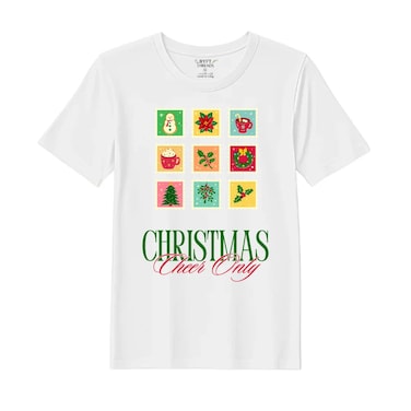 BYFT Threads XL White Polycotton T-Shirt - Christmas "Christmas Cheer Only" Printed Design, Premium Holiday Collection