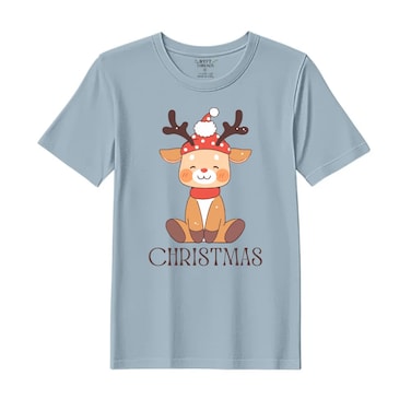 BYFT Threads Large Baby Blue Polycotton T-Shirt - Christmas "Christmas Deer" Printed Design, Premium Holiday Collection