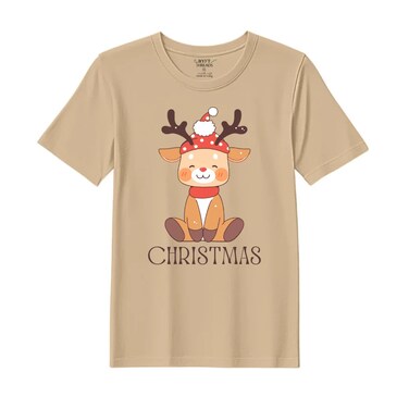 BYFT Threads XL Beige Polycotton T-Shirt - Christmas "Christmas Deer" Printed Design, Premium Holiday Collection