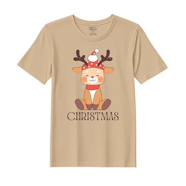 BYFT Threads XXL Beige Polycotton T-Shirt - Christmas "Christmas Deer" Printed Design, Premium Holiday Collection