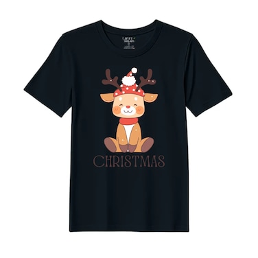 BYFT Threads Medium Black Polycotton T-Shirt - Christmas "Christmas Deer" Printed Design, Premium Holiday Collection