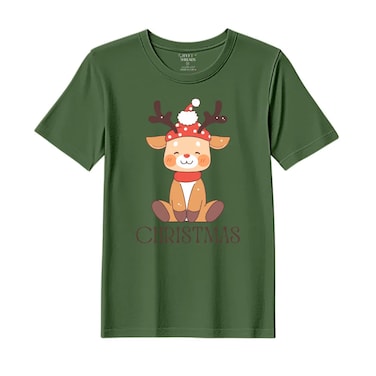 BYFT Threads XXL Forest ELF Green Polycotton T-Shirt - Christmas "Christmas Deer" Printed Design, Premium Holiday Collection