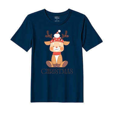 BYFT Threads Large Navy Blue Polycotton T-Shirt - Christmas "Christmas Deer" Printed Design, Premium Holiday Collection