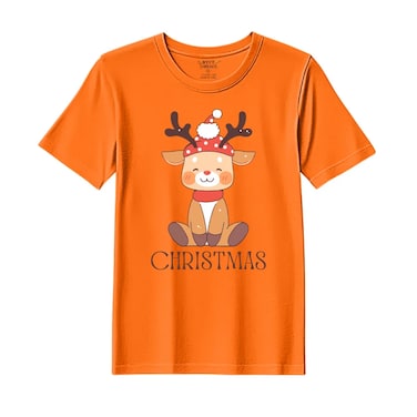 BYFT Threads XL Orange Polycotton T-Shirt - Christmas "Christmas Deer" Printed Design, Premium Holiday Collection