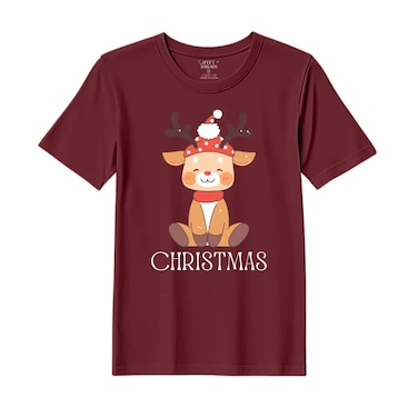 BYFT Threads Medium Pomegranate Polycotton T-Shirt - Christmas "Christmas Deer" Printed Design, Premium Holiday Collection