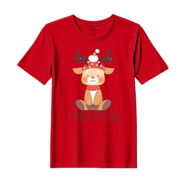 BYFT Threads XL Red Polycotton T-Shirt - Christmas "Christmas Deer" Printed Design, Premium Holiday Collection