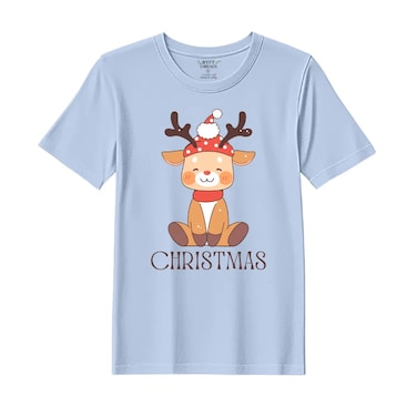 BYFT Threads Large Sky Blue Polycotton T-Shirt - Christmas "Christmas Deer" Printed Design, Premium Holiday Collection