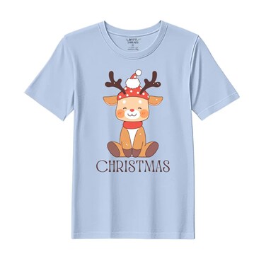 BYFT Threads XL Sky Blue Polycotton T-Shirt - Christmas "Christmas Deer" Printed Design, Premium Holiday Collection