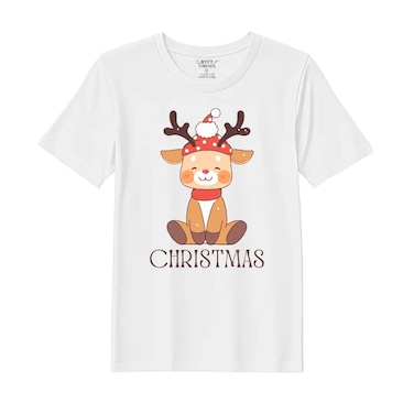 BYFT Threads Medium White Polycotton T-Shirt - Christmas "Christmas Deer" Printed Design, Premium Holiday Collection