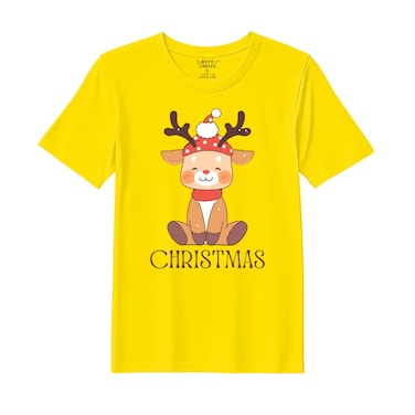 BYFT Threads Medium Yellow Polycotton T-Shirt - Christmas "Christmas Deer" Printed Design, Premium Holiday Collection