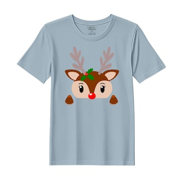 BYFT Threads Medium Baby Blue Polycotton T-Shirt - Christmas "Christmas Deer Face" Printed Design, Premium Holiday Collection