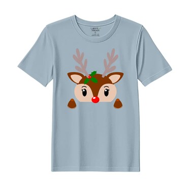 BYFT Threads XL Baby Blue Polycotton T-Shirt - Christmas "Christmas Deer Face" Printed Design, Premium Holiday Collection
