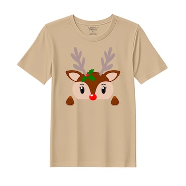 BYFT Threads Large Beige Polycotton T-Shirt - Christmas "Christmas Deer Face" Printed Design, Premium Holiday Collection