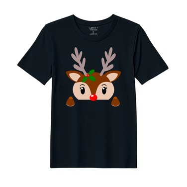 BYFT Threads Medium Black Polycotton T-Shirt - Christmas "Christmas Deer Face" Printed Design, Premium Holiday Collection