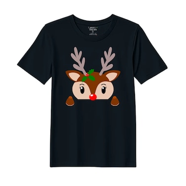 BYFT Threads Large Black Polycotton T-Shirt - Christmas "Christmas Deer Face" Printed Design, Premium Holiday Collection
