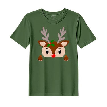 BYFT Threads Medium Forest ELF Green Polycotton T-Shirt - Christmas "Christmas Deer Face" Printed Design, Premium Holiday Collection