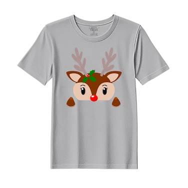 BYFT Threads Medium Grey Polycotton T-Shirt - Christmas "Christmas Deer Face" Printed Design, Premium Holiday Collection