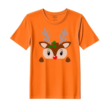 BYFT Threads Large Orange Polycotton T-Shirt - Christmas "Christmas Deer Face" Printed Design, Premium Holiday Collection