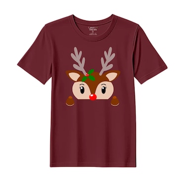 BYFT Threads XL Pomegranate Polycotton T-Shirt - Christmas "Christmas Deer Face" Printed Design, Premium Holiday Collection