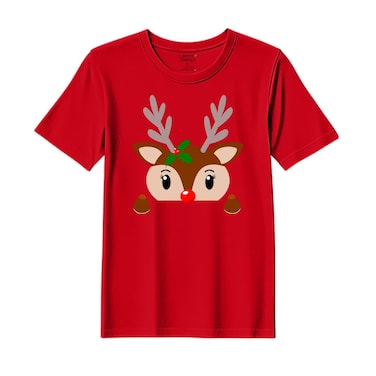 BYFT Threads Medium Red Polycotton T-Shirt - Christmas "Christmas Deer Face" Printed Design, Premium Holiday Collection
